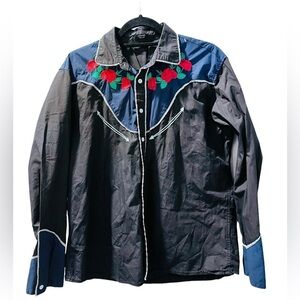 Blue and Black Casual Button Down Shirt with Embroidered Details